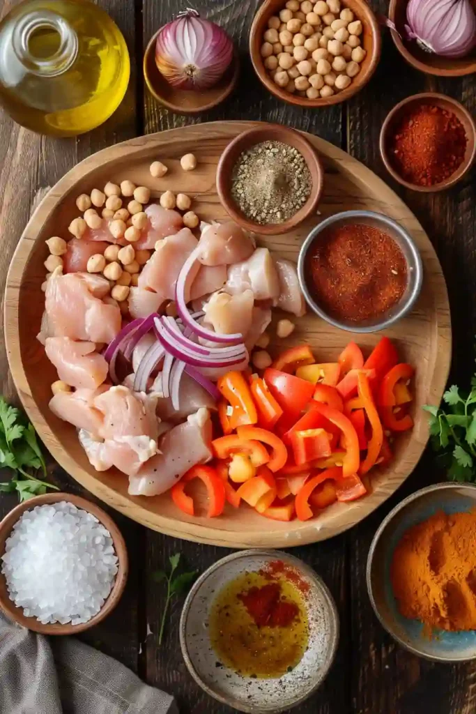 Overhead view of a healthy chicken shawarma sheet pan dinner with chickpeas and seasoned vegetables.