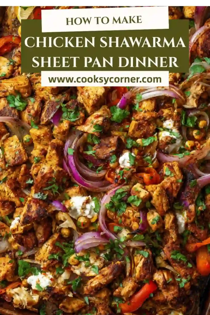 Freshly baked chicken shawarma sheet pan dinner served with roasted carrots, peppers, and onions in a single pan.