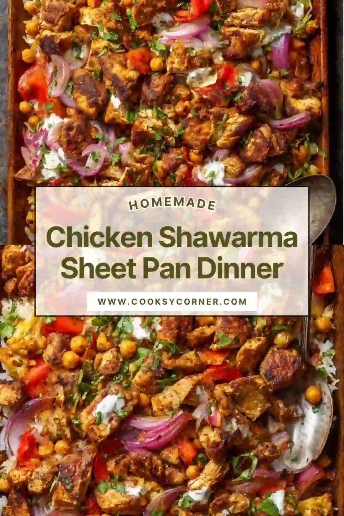 Overhead view of a Chicken Shawarma Sheet Pan Dinner served with tzatziki sauce and fresh herbs. A vibrant and healthy one pan meal.