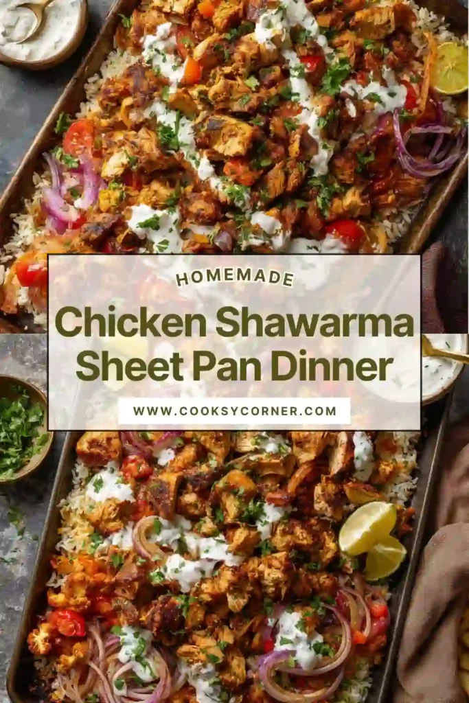 Chicken shawarma sheet pan dinner with roasted vegetables and chickpeas.