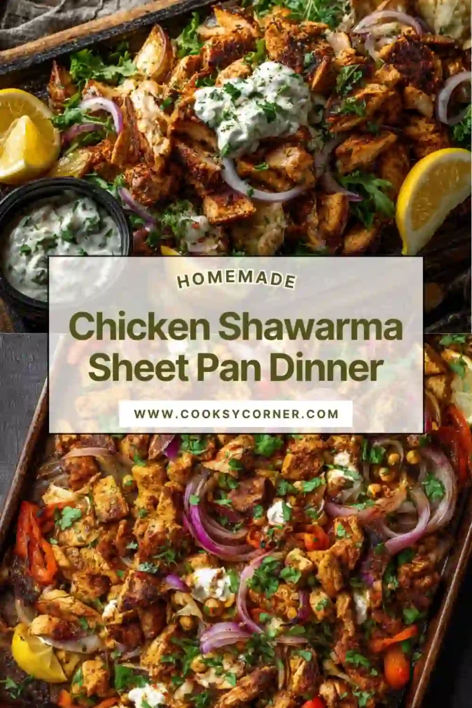 A tray of chicken shawarma sheet pan dinner with roasted vegetables and chickpeas, showing golden chicken pieces and vibrant spices.