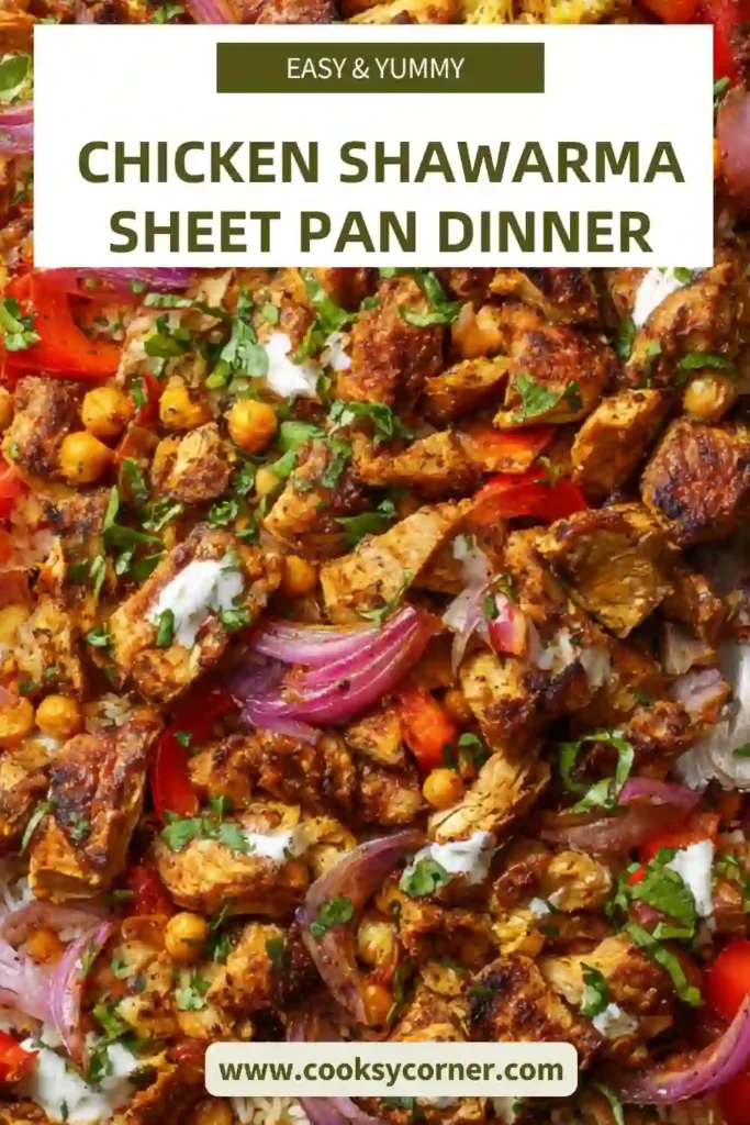 Close-up of Chicken Shawarma Sheet Pan Dinner showing juicy chicken pieces mixed with roasted carrots, peppers, and chickpeas. A flavorful Middle Eastern dish.
