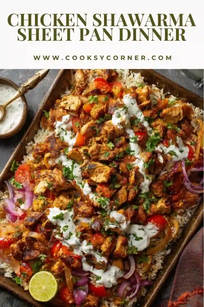 Spiced chicken and vegetables baked on a sheet pan.