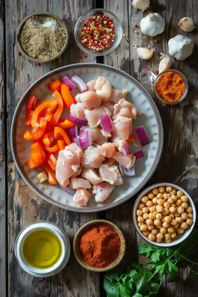 One pan chicken dinner with chickpeas and spices.