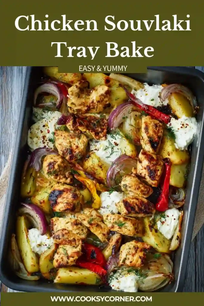 Oven-baked chicken souvlaki with vegetables and herbs, styled for a family dinner.