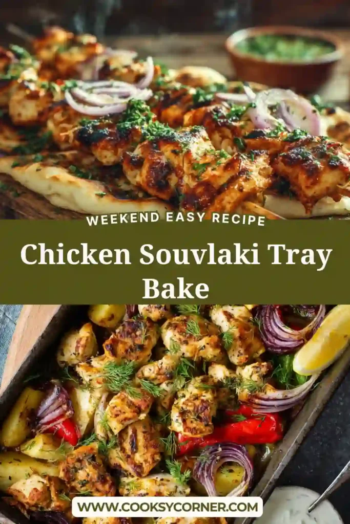 Mediterranean chicken souvlaki tray bake served with pita bread and tzatziki on the side.