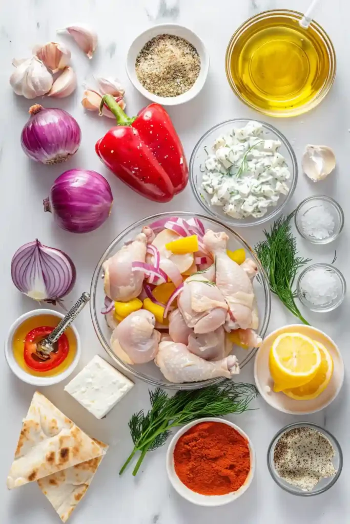 Close-up of juicy chicken souvlaki tray bake with crispy edges and roasted vegetables.