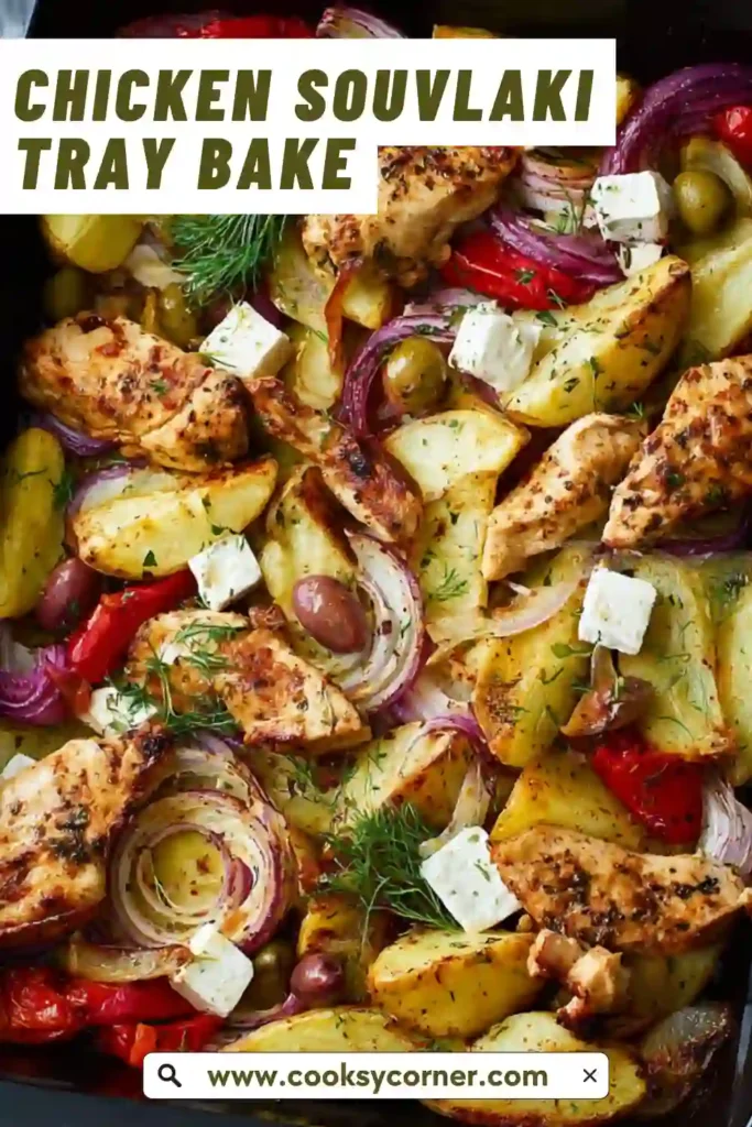 A tray of chicken souvlaki tray bake with roasted potatoes, peppers, and feta cheese, golden and freshly cooked.