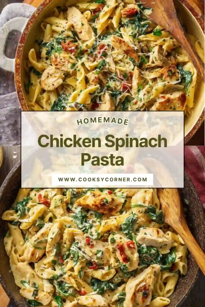 Homemade Chicken Spinach Pasta served warm with herbs and sauce. Perfect dinner recipe.