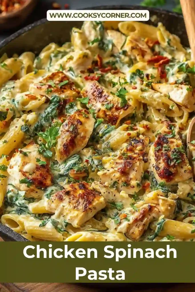 Close-up of creamy pasta with herbs and tender chicken slices.