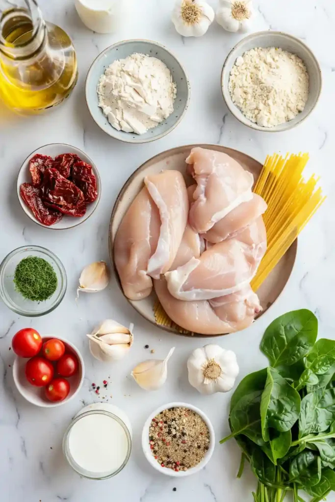 Creamy pasta with chicken and spinach garnished with parsley and black pepper.