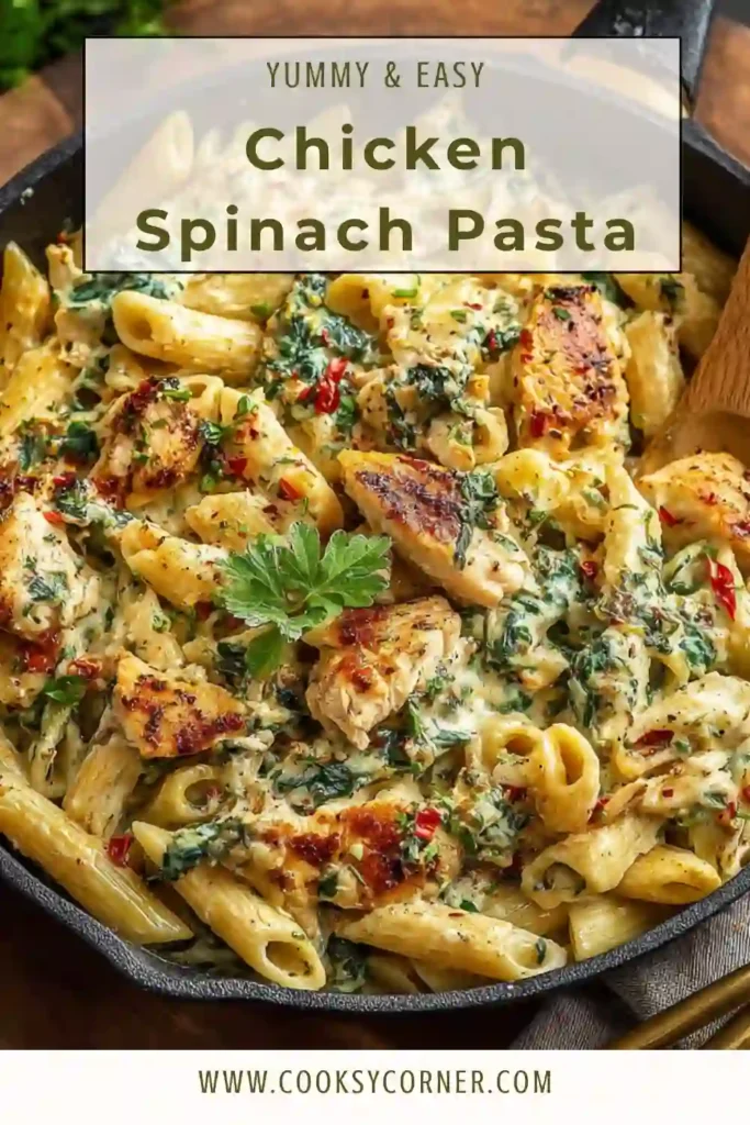 Bowl of pasta with chicken, spinach, and creamy texture.