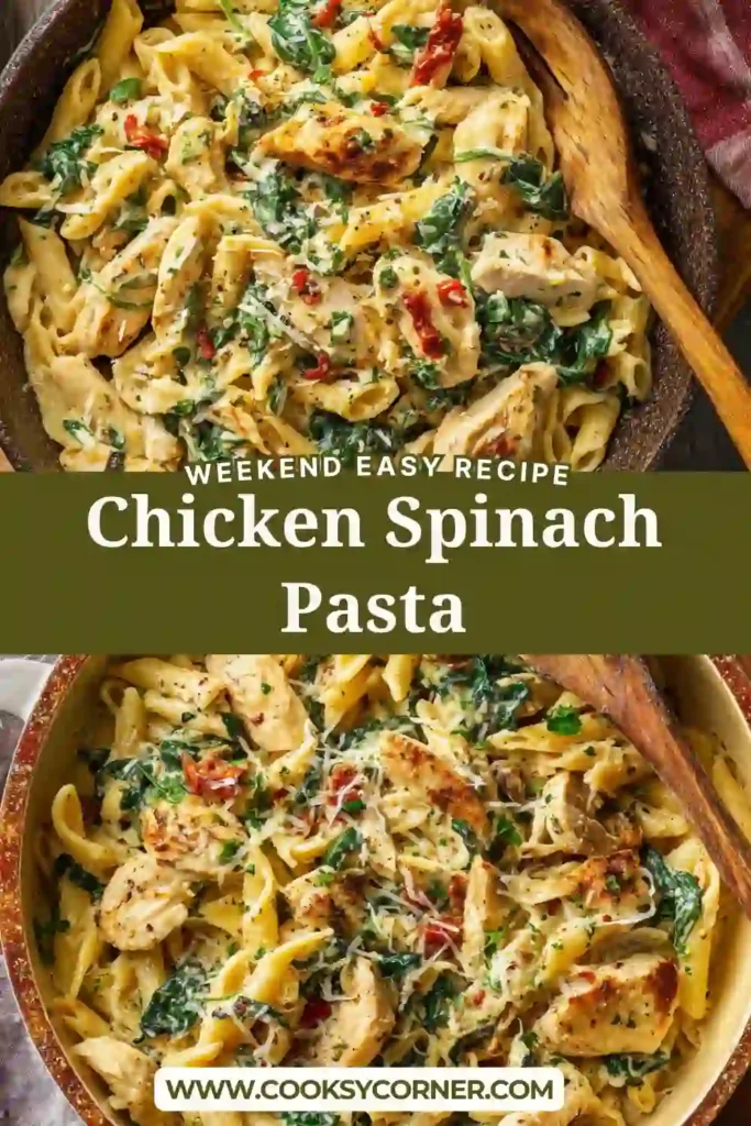 Close-up of creamy chicken pasta with spinach and Parmesan cheese. Rich and flavorful dish.