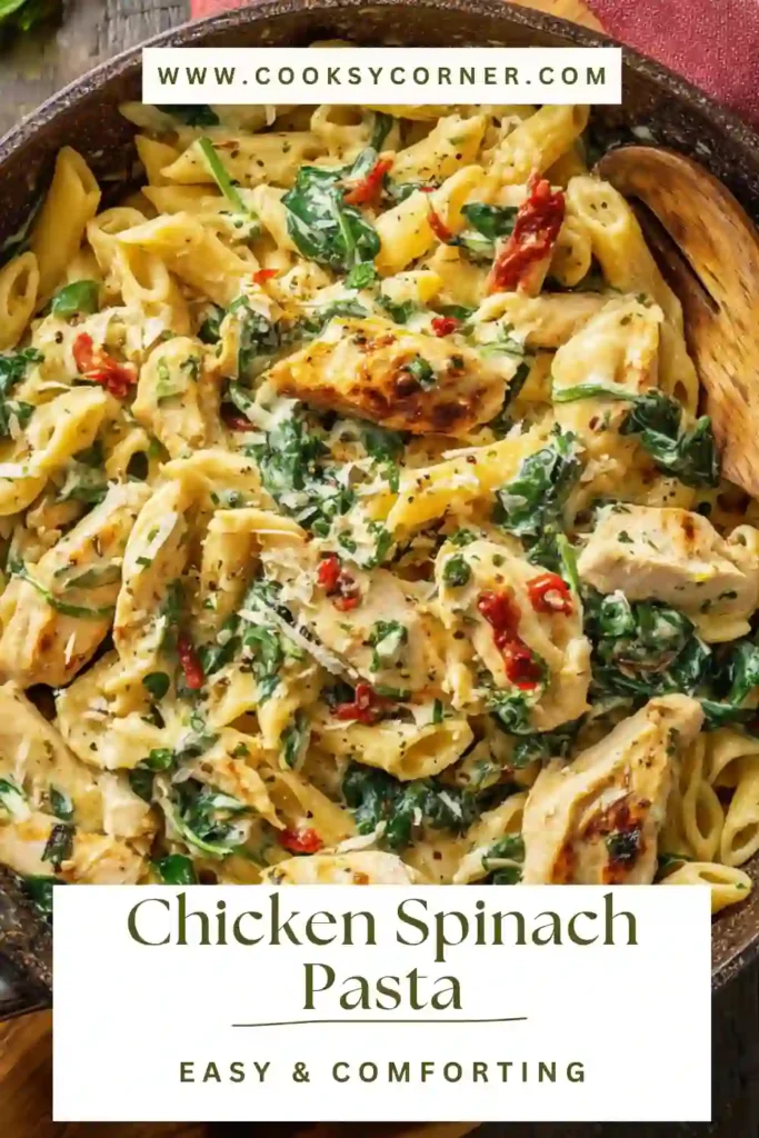Chicken Spinach Pasta with creamy sauce, sliced chicken, and fresh spinach in a bowl. Comforting and delicious meal.