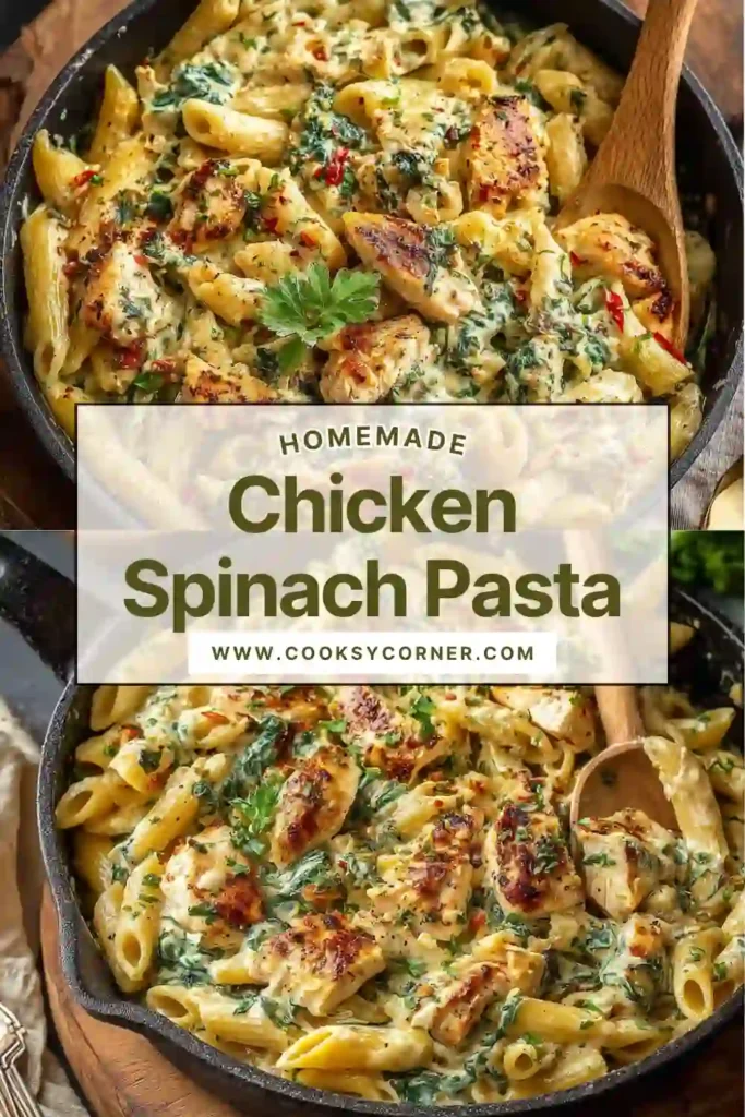 Chicken spinach pasta with creamy sauce and parmesan cheese.