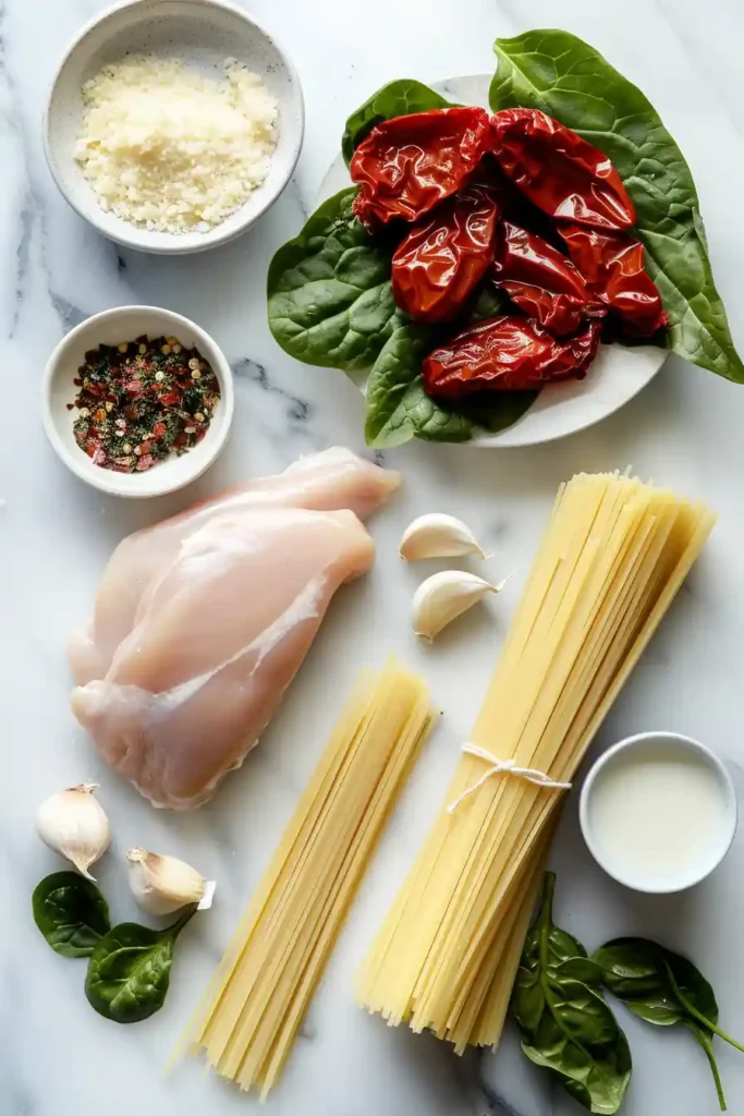 Close-up of creamy pasta with herbs and tender chicken slices.