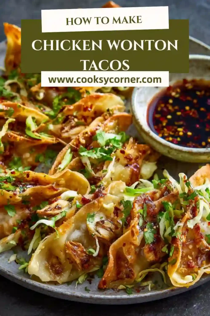 Close-up of chicken wonton tacos topped with cilantro and sesame seeds. The texture looks crispy and vibrant with colorful slaw.