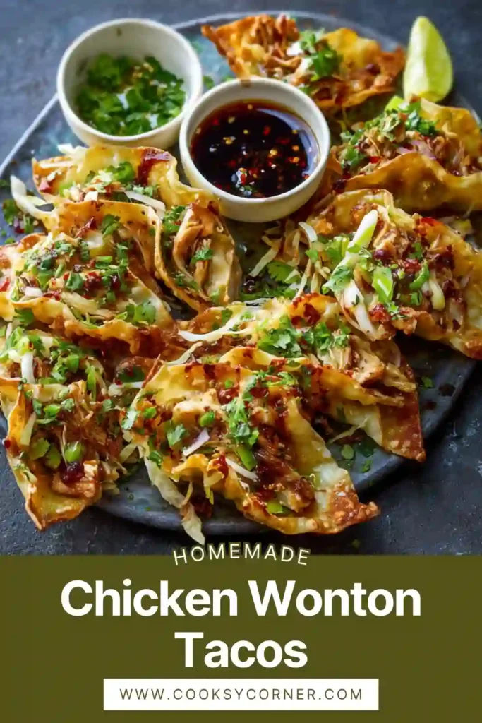 Homemade chicken wonton tacos arranged on a platter with sweet chili sauce drizzle. A perfect fusion appetizer with bold flavors.