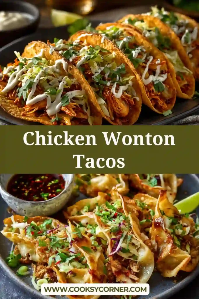 Baked wonton tacos stuffed with juicy chicken and crunchy cabbage slaw. A quick and easy Asian fusion recipe.