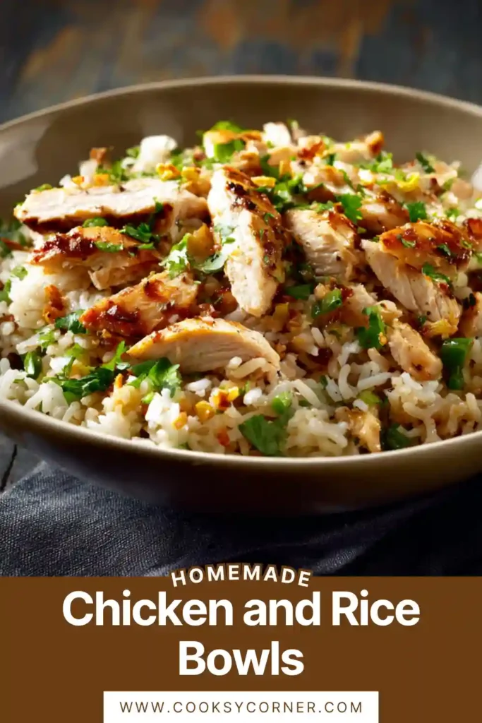 Healthy rice bowl with grilled chicken, peas, and corn.