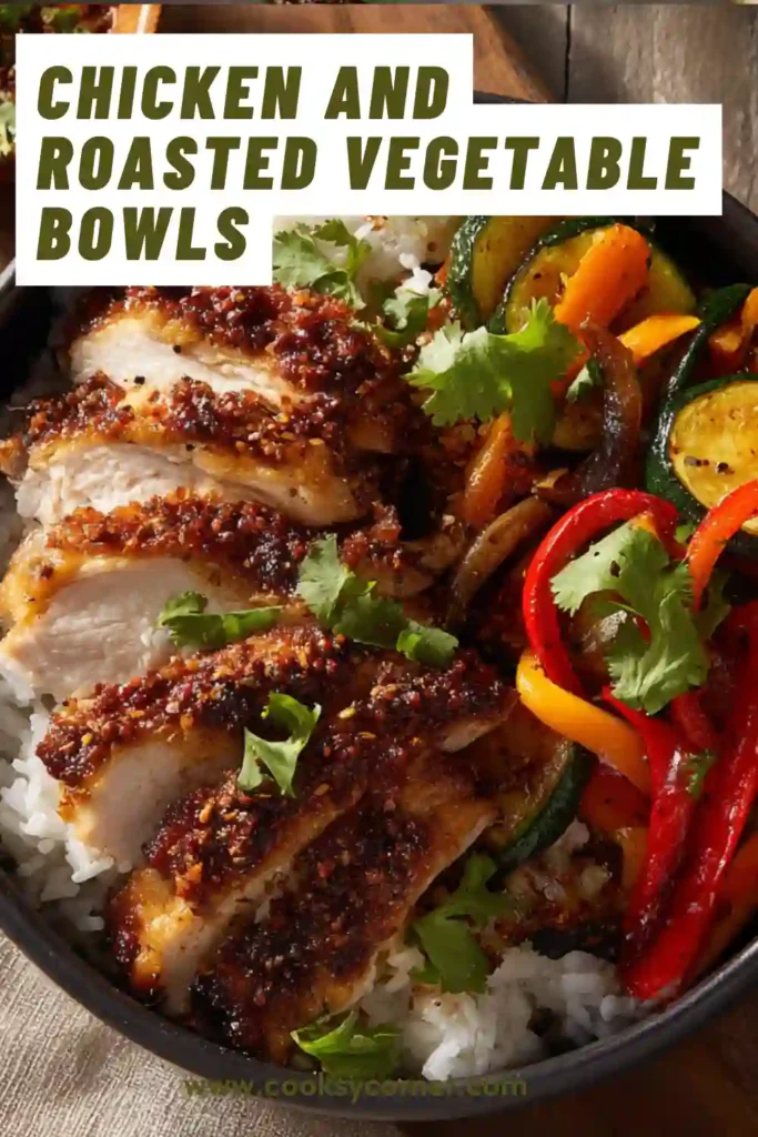 Close-up of juicy chicken with roasted vegetables over rice, showing texture and caramelization in a healthy bowl recipe.
