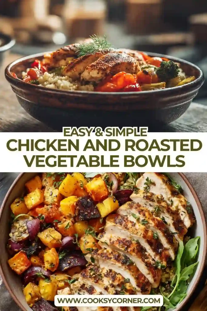 Healthy chicken bowl topped with roasted sweet potatoes, peppers, and asparagus served over rice.