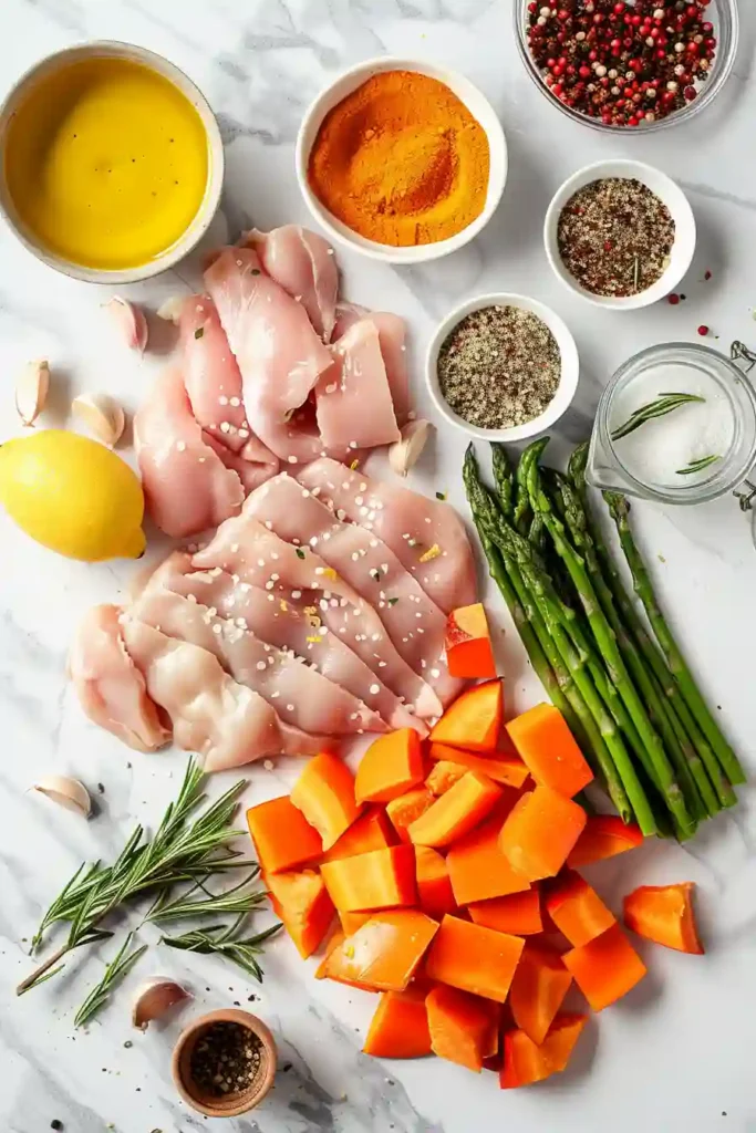 Freshly prepared chicken and roasted vegetable bowls arranged for meal prep with vibrant vegetables and grains.