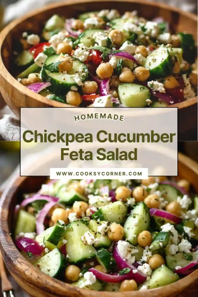 Healthy chickpea cucumber feta salad served in a bowl with fresh vegetables and herbs.