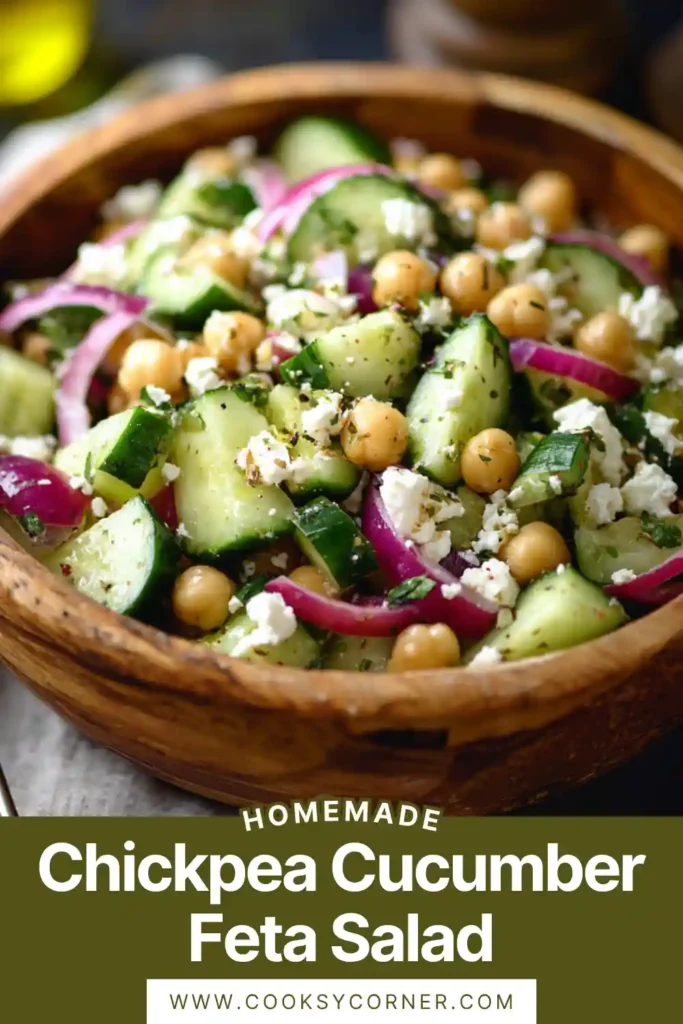 Close-up of chickpea cucumber feta salad featuring diced cucumber, feta cheese, and basil in olive oil dressing.