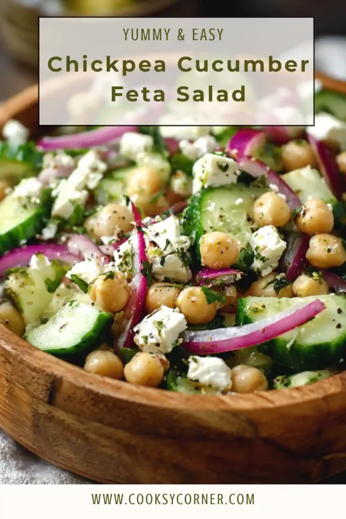 A bowl of chickpea cucumber feta salad with fresh herbs and light dressing, showing vibrant Mediterranean ingredients.