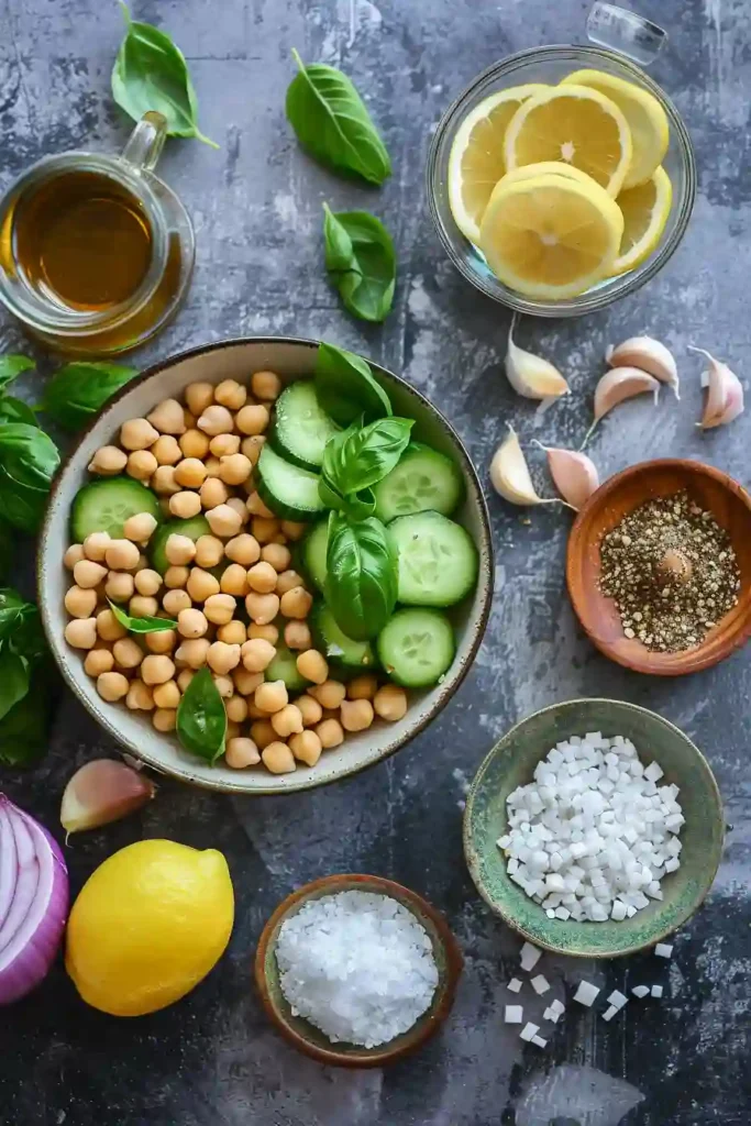 Fresh Mediterranean chickpea salad with cucumber, feta, and red onion tossed in a zesty dressing.