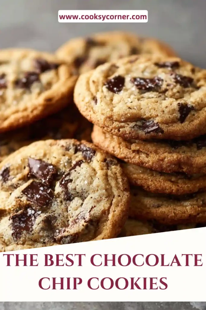 Stack of chocolate chip cookies with melted chocolate chunks and flaky sea salt on top. Warm and freshly baked.