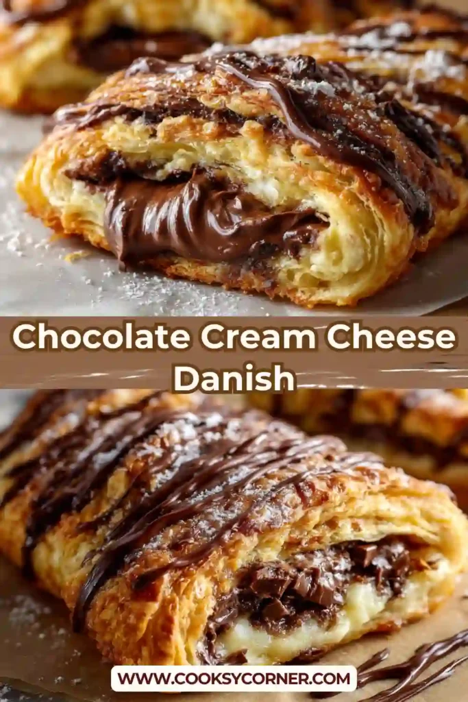 Puff pastry chocolate cream cheese danish sliced and served on a plate.