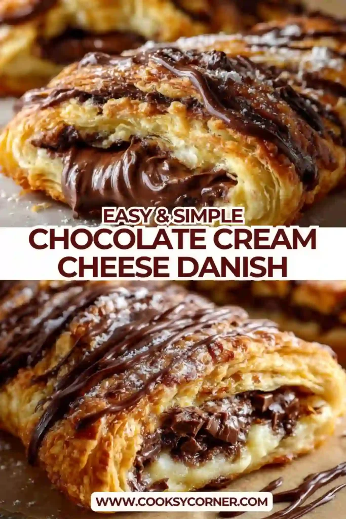 Close-up of homemade danish pastry filled with cream cheese and melted chocolate.