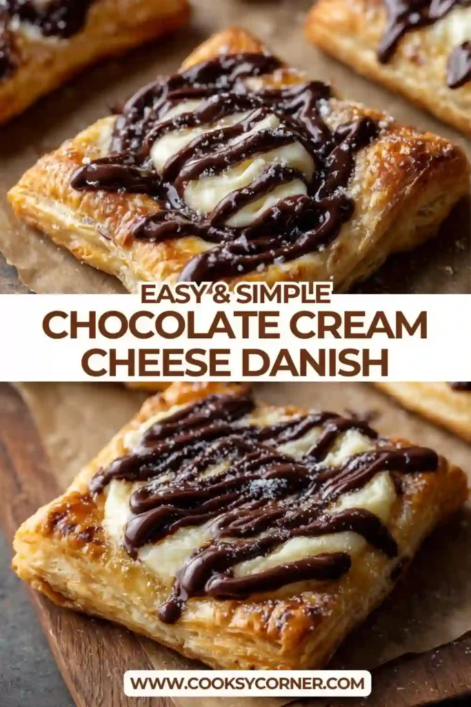 Chocolate cream cheese danish with flaky pastry and chocolate topping.