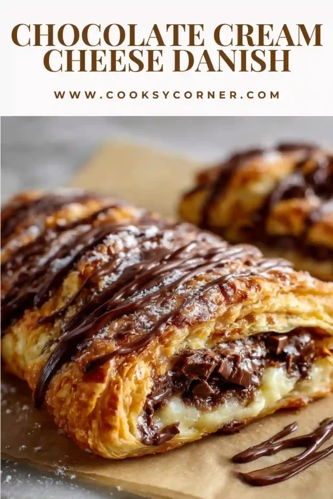 Chocolate cream cheese danish with flaky golden pastry and rich chocolate drizzle on top.