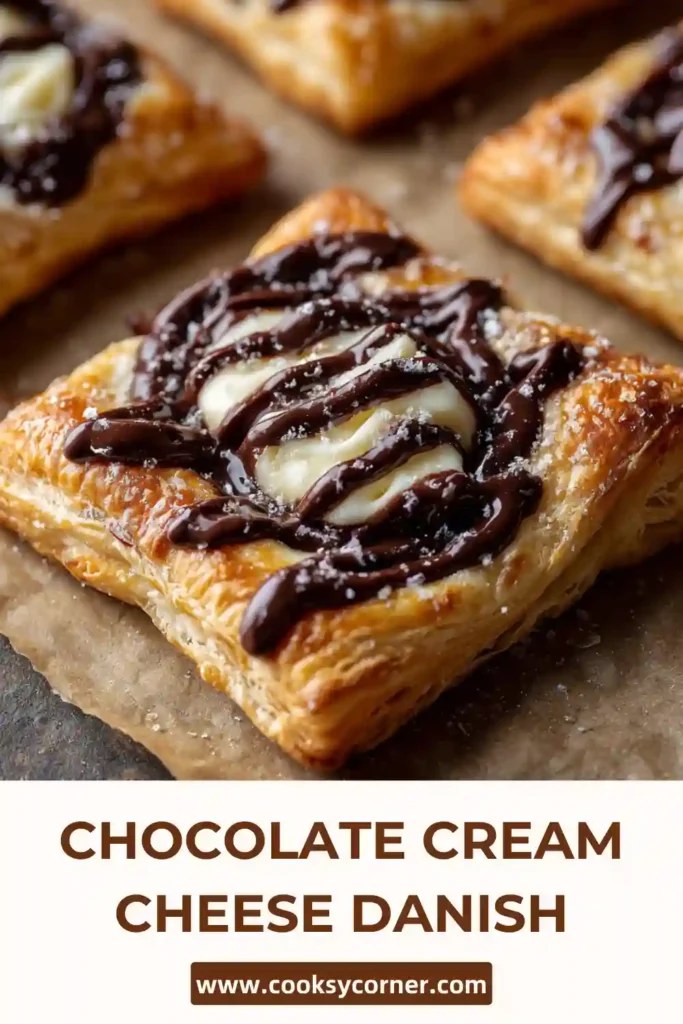 Chocolate cream cheese danish with flaky pastry and chocolate topping.