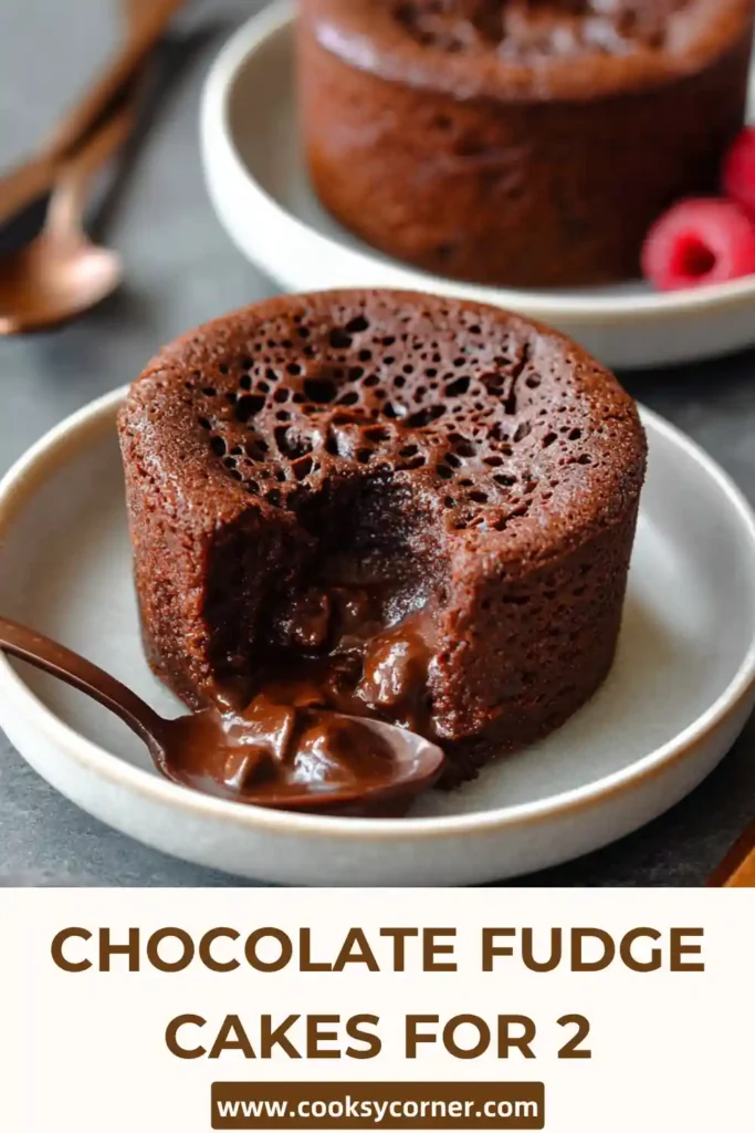 Freshly baked chocolate fudge cakes in ramekins with soft centers and deep chocolate color.