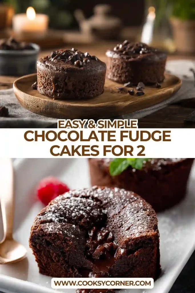 Close-up of chocolate fudge cakes for 2 with melted chocolate center flowing out, ideal for a romantic dessert.