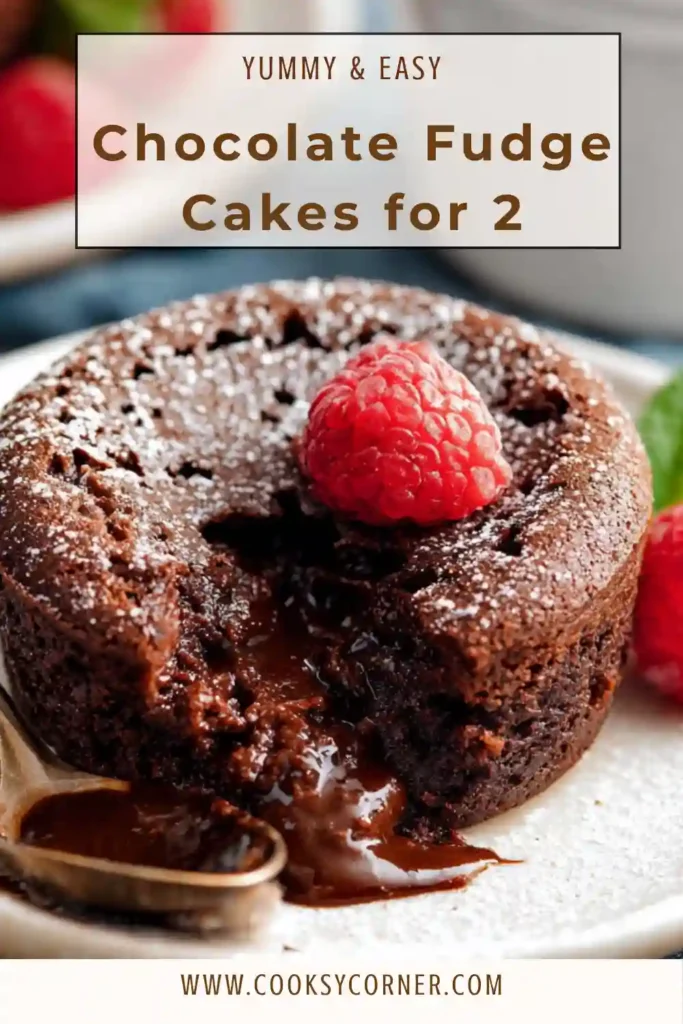Warm chocolate fudge cakes for 2 served in ramekins with gooey molten centers and rich chocolate texture. Perfect small batch dessert.