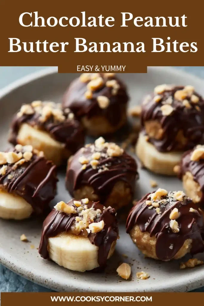 Close-up of banana bites filled with peanut butter and coated in dark chocolate. Healthy snack option.