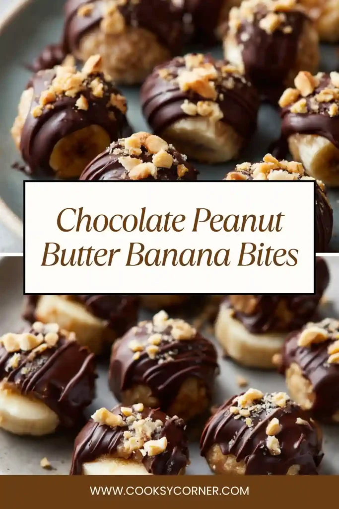 Chocolate peanut butter banana bites with half dipped in chocolate on parchment paper. Frozen and ready to eat.