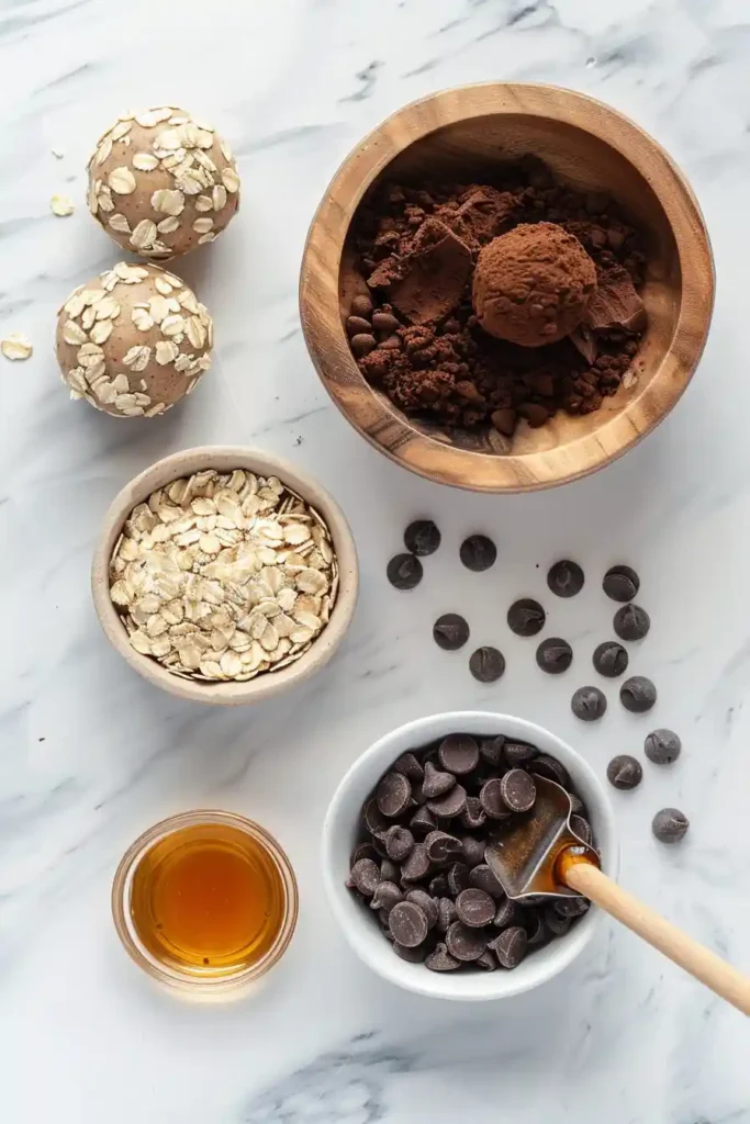Peanut butter chocolate protein balls with a rich texture and natural ingredients displayed on a plate.