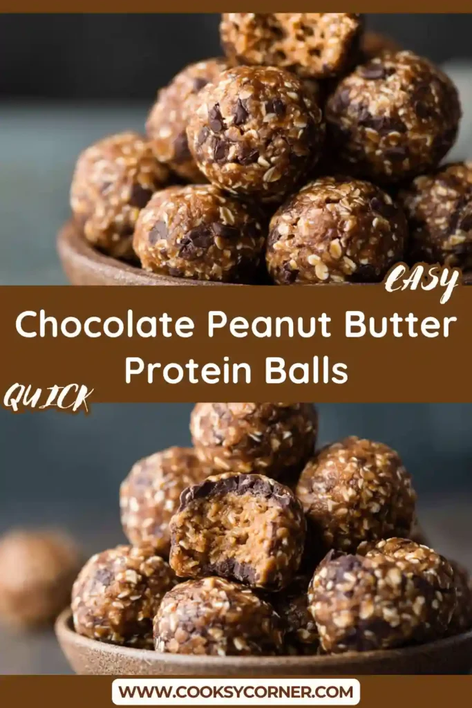 Chocolate peanut butter protein balls arranged on a plate with visible oats and chocolate chips, showing a soft and chewy texture.