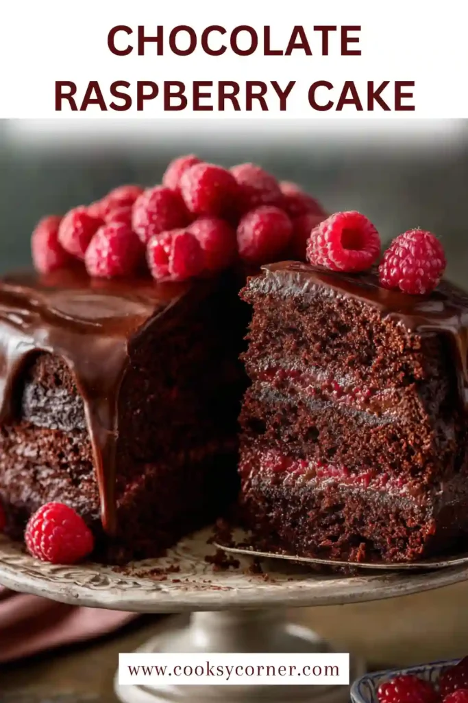 Layered chocolate raspberry dessert topped with fresh berries.