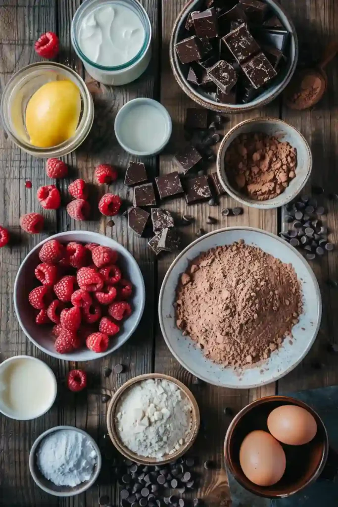 Moist chocolate cake with raspberry filling and creamy frosting.