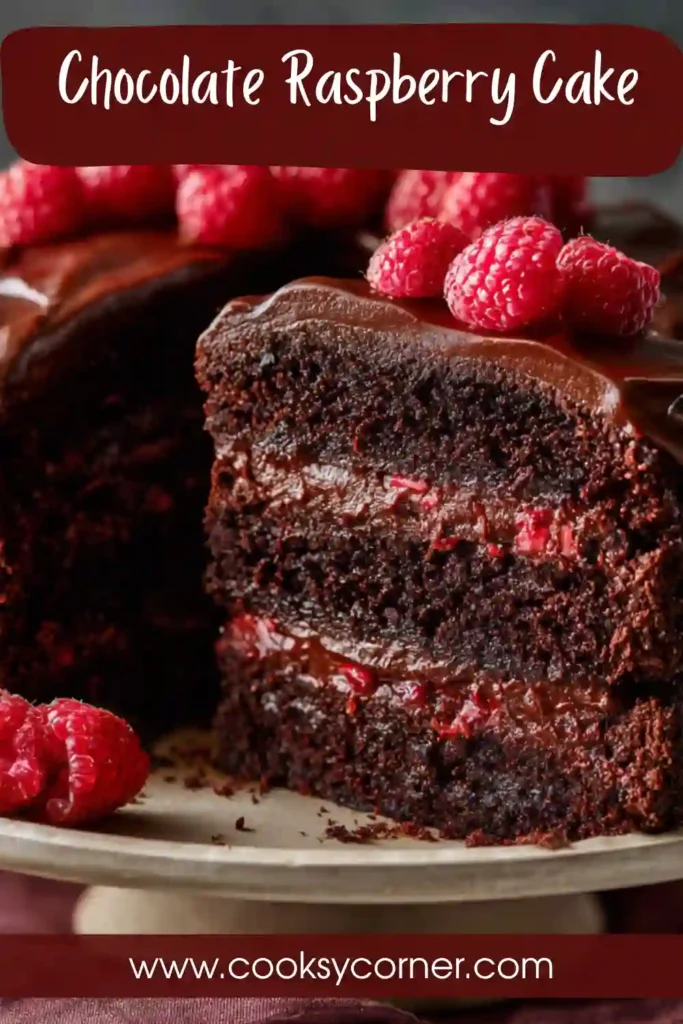 Chocolate raspberry cake with layered chocolate sponge and raspberry filling topped with ganache.