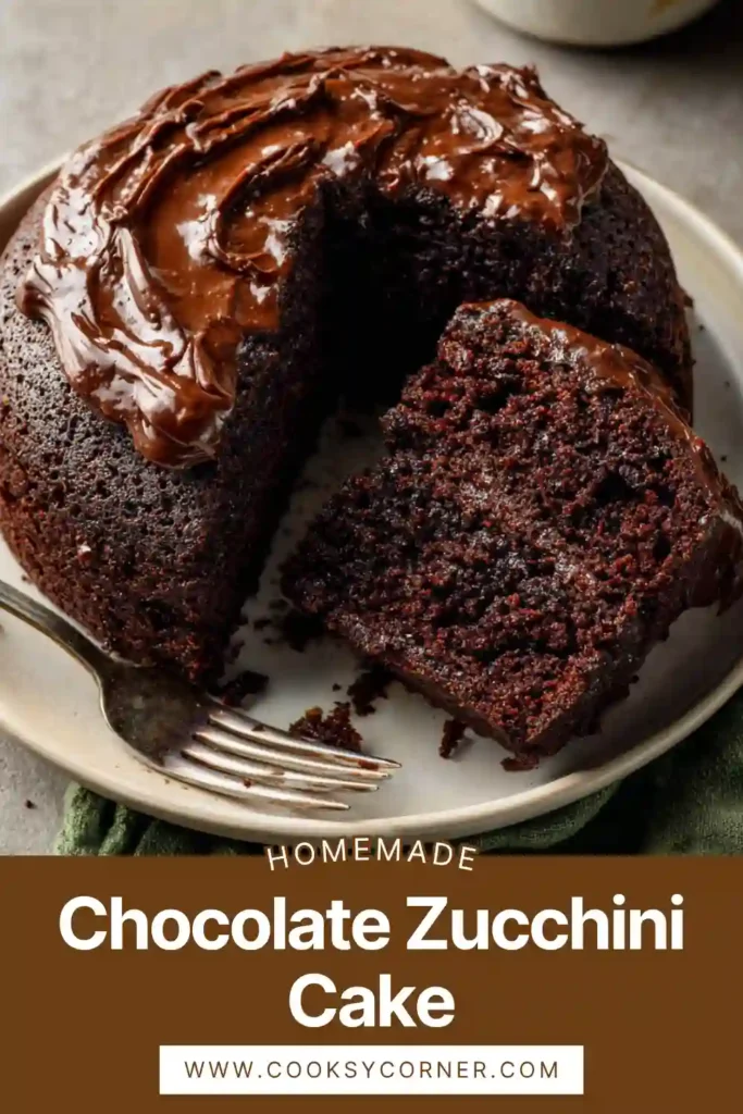 Chocolate zucchini cake with rich frosting and chocolate chips on top.