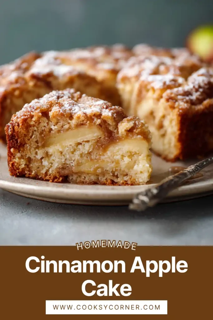 Close-up of moist apple cake with visible apple chunks and cinnamon topping.