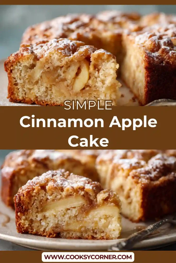 Cinnamon apple cake topped with glaze and cinnamon crumble, sliced on a plate.